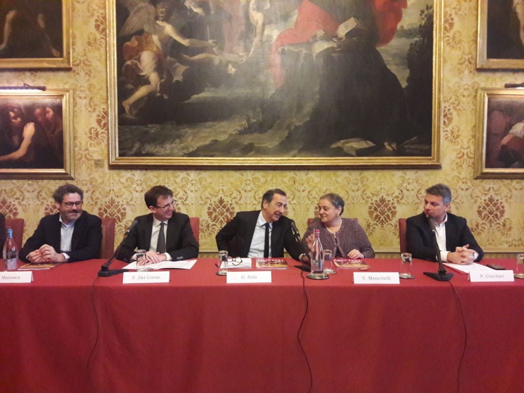 Da sinistra Paolo Marasca, assessore alla Cultura del Comune di Ancona, Filippo del Corno, assessore alla Cultura del comune di Milano, Giuseppe Sala, sindaco di Milano, Valeria Mancinelli sindaca di Ancona, e ierluigi Cocchini, amministratore delegato di Rinascente