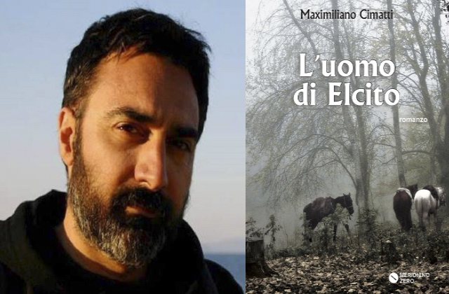 Maximiliano Cimatti e la copertina del suo romanzo "Luomo di Elcito"