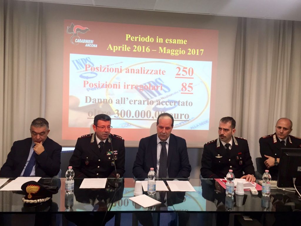 Il direttore provinciale Inps Antonio Curti (da destra), il comandante Stefano Caporossi, il direttore regionale Inps Alessandro Tombolini, il capitano Fabio Ibba e il comandante Giuseppe Caiazzo