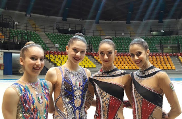 Quattro fra le ginnaste della Faber Fabriano che da oggi a domenica parteciperanno alla World Cup di Pesaro: da sinistra Talisa Torretti, Milena Baldassarri, Letizia Cicconcelli e Martina Centofanti