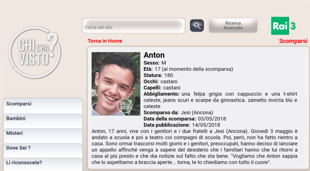 La scheda di Anton Paris sul sito di "Chi l'ha visto?"