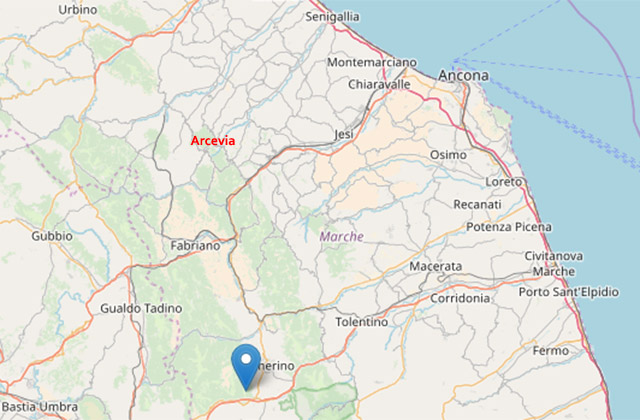 La mappa del terremoto del 21 maggio a Muccia (Mc), avvertito anche ad Arcevia (An)