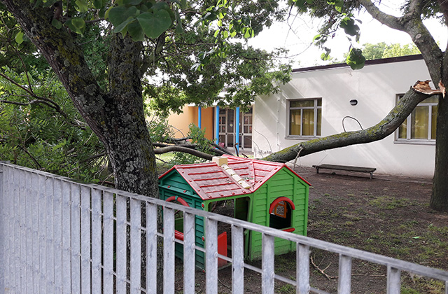 Il ramo crollato vicino ai giochi per bambini della scuola dell'infanzia a Ponte Rio di Trecastelli