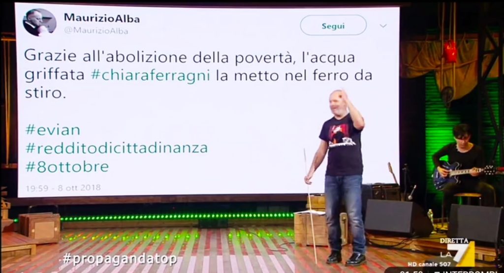 Un tweet di Maurizio Albanesi ripreso dalla trasmissione Propaganda Live su La7
