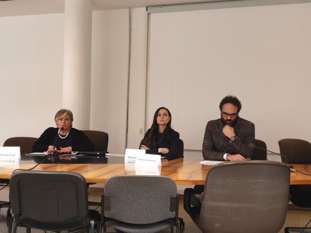 Da sin. Rosaria Ercoli (Fondazione Cluster Marche), l’assessora regionale Manuela Bora, e Marco Cardinaletti (Eurocube)