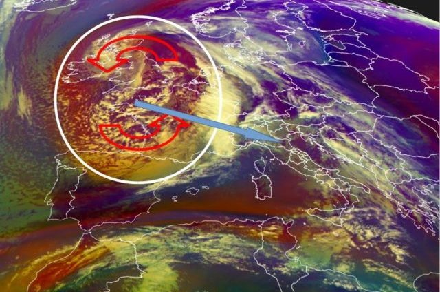 Immagine airmass meteosat 03/04/2019 ore 12:45 UTC), Il vortice atlantico nelle prossime ore si approfondirà nel Mediterraneo generando un vortice secondario che interesserà l'Italia dal pomeriggio del 04/04/2019
