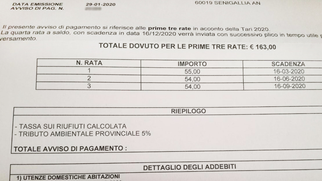 Lo schema per la tari (tassa rifiuti) 2020 spedito ai cittadini dal Comune di Senigallia