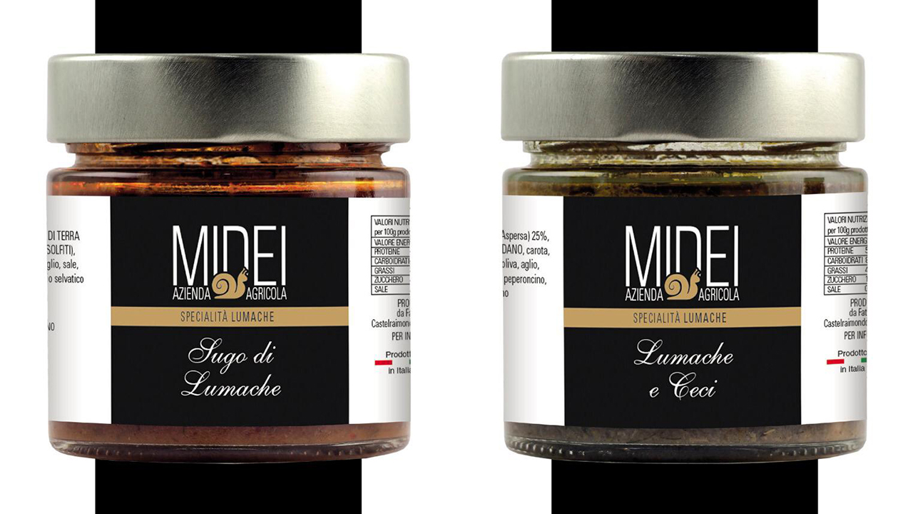 La linea di sughi e paté con lumache prodotti dall'azienda agricola Midei di Sefro (Mc)