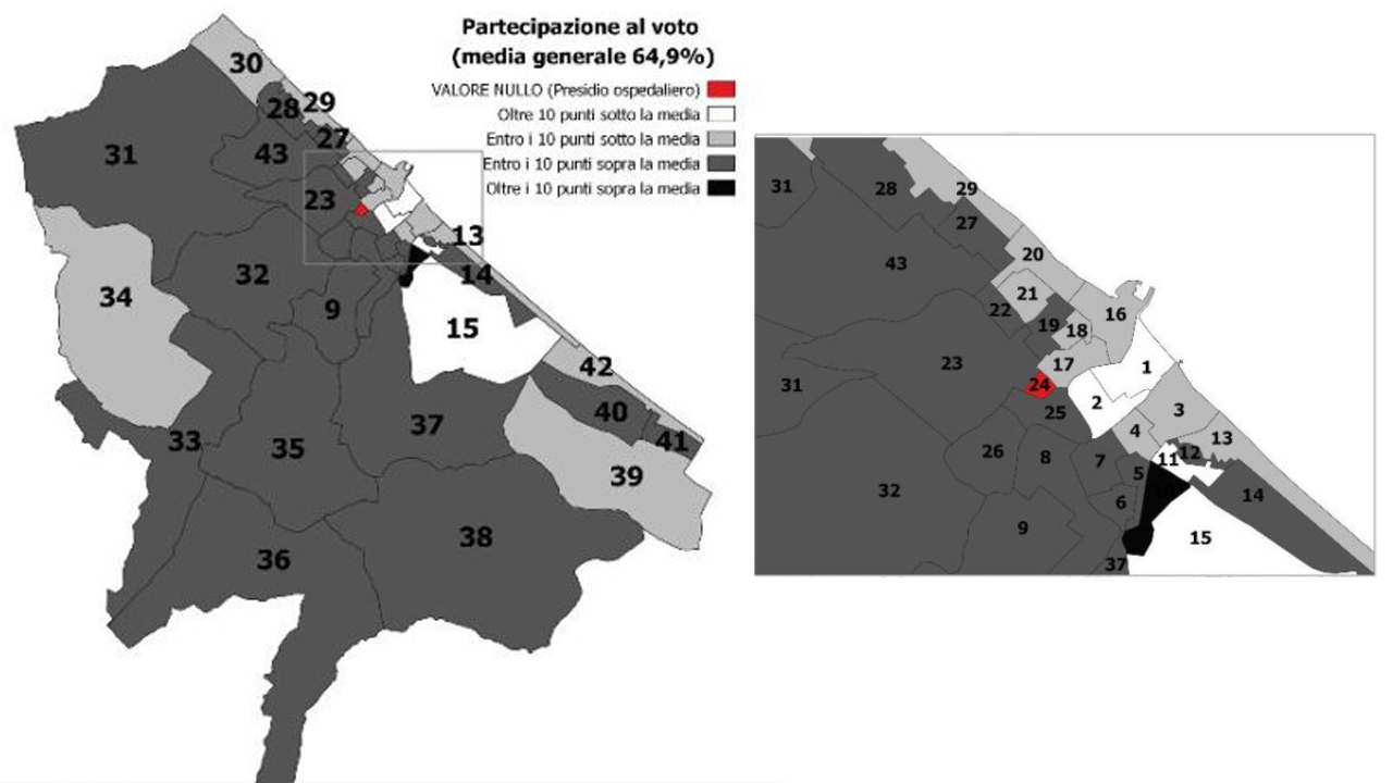 La mappa dell'astensionismo alle elezioni comunali 2020 di Senigallia. Dati OpenMunicipio