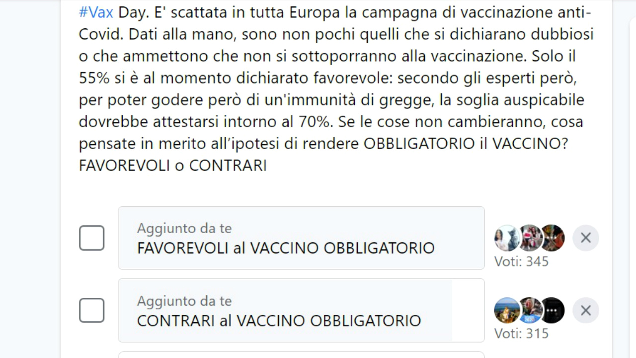 Sondaggio: Favorevoli o Contrari al vaccino anti Covdi-19 obbligatorio