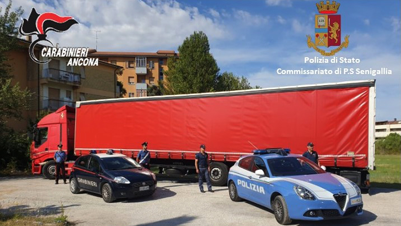 Il mezzo pesante bloccato a Senigallia da carabinieri e poliziotti al termine di un inseguimento