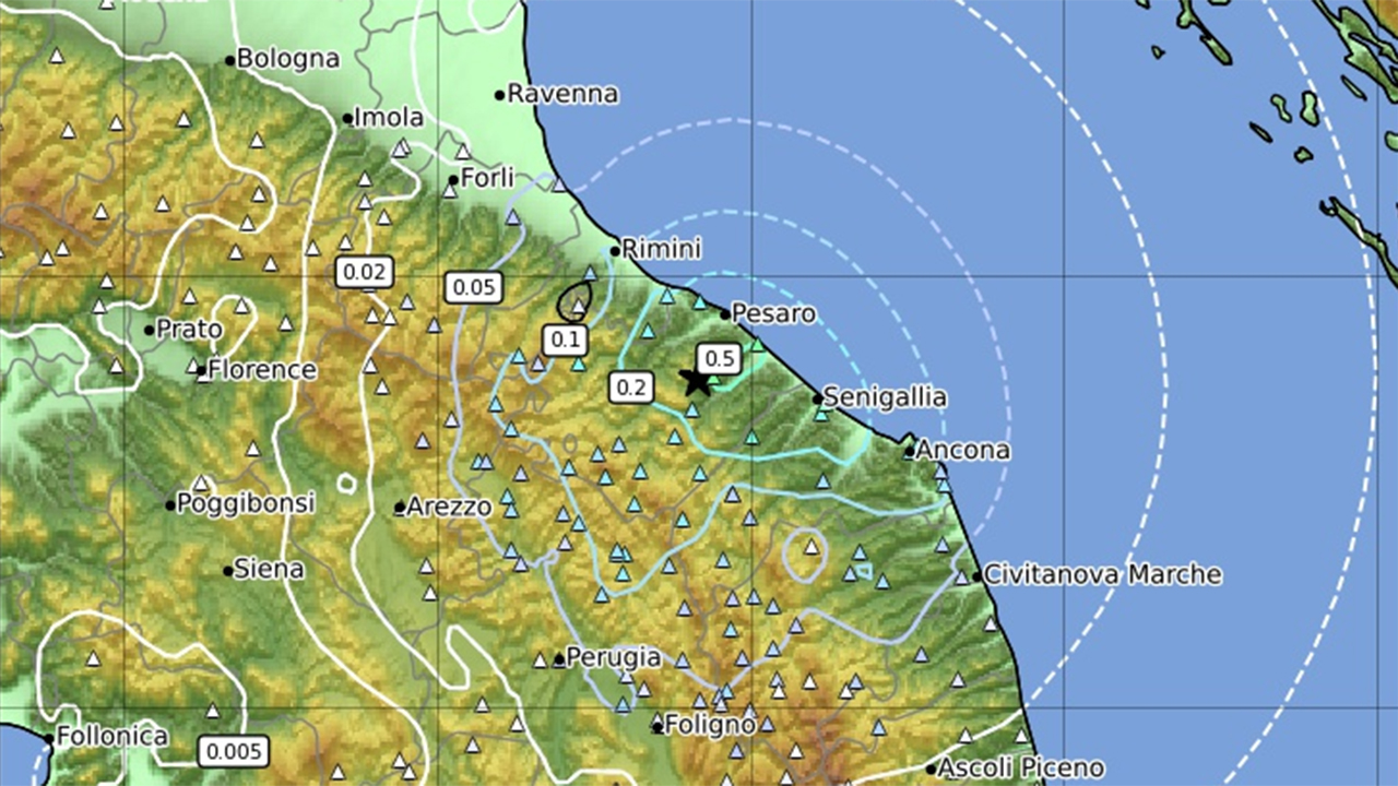 La mappa relativa alla scossa di terremoto registrata dall'istituto nazionale di geofisica e vulcanologia alle ore 12:53 del 29 ottobre, a Montefelcino, nel pesarese
