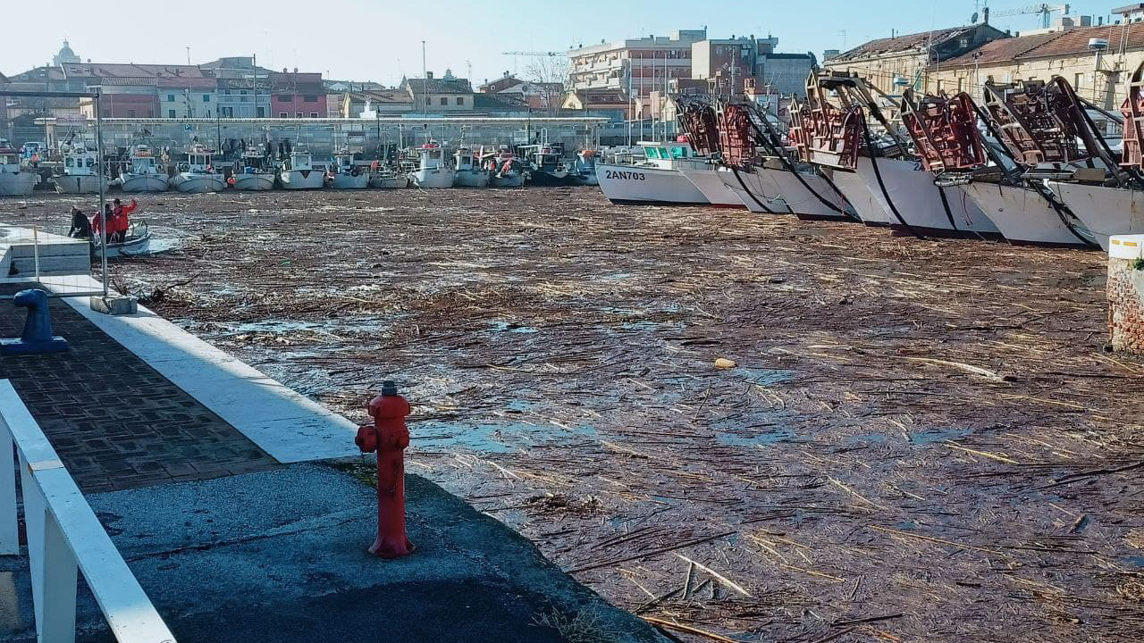 Lavori in corso per liberare la darsena del porto di Senigallia dai detriti del maltempo dell'11 dicembre 2021