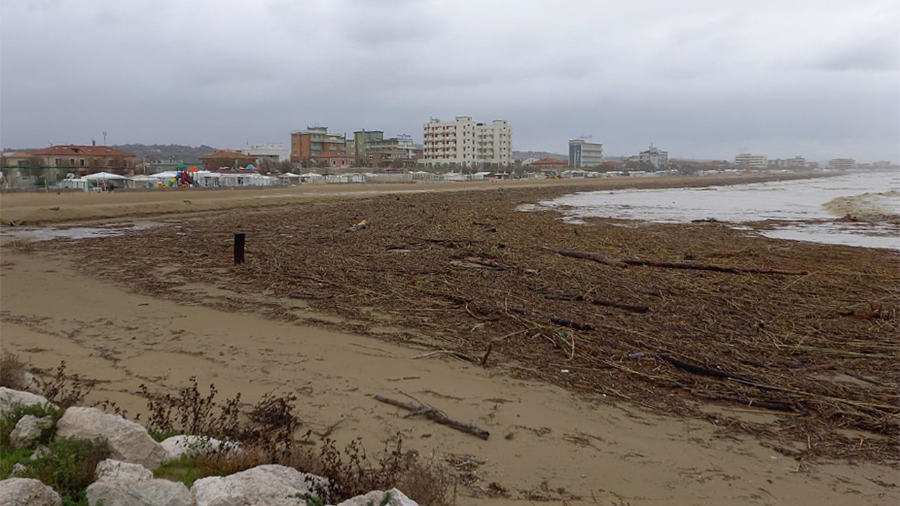La spiaggia di Senigallia piena di detriti dopo il maltempo