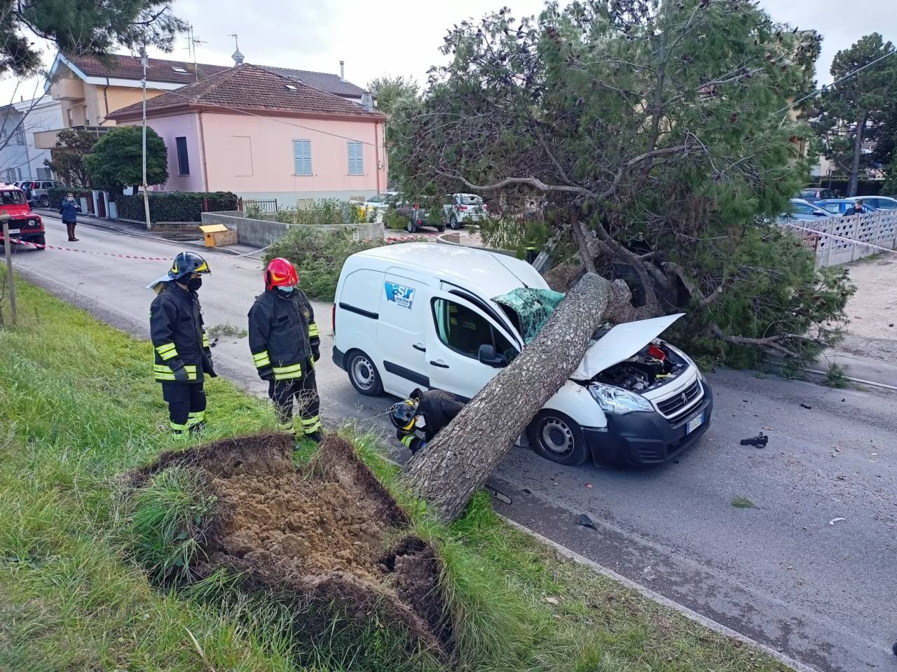 L'incidente sullo Stradone Misa, a Senigallia, dove un albero è crollato su un'auto in transito