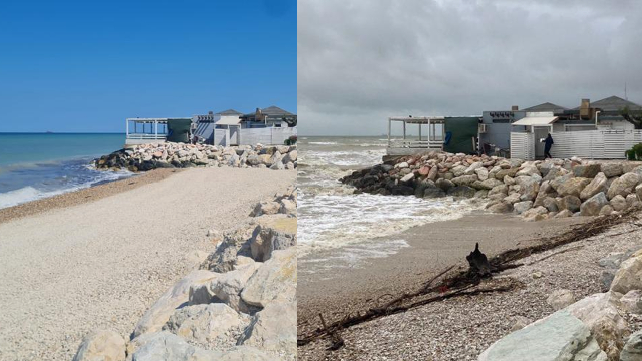 La spiaggia a Marina di Montemarciano dopo il ripascimento (a sinistra) e dopo il maltempo del 16 maggio 2023 (a destra)