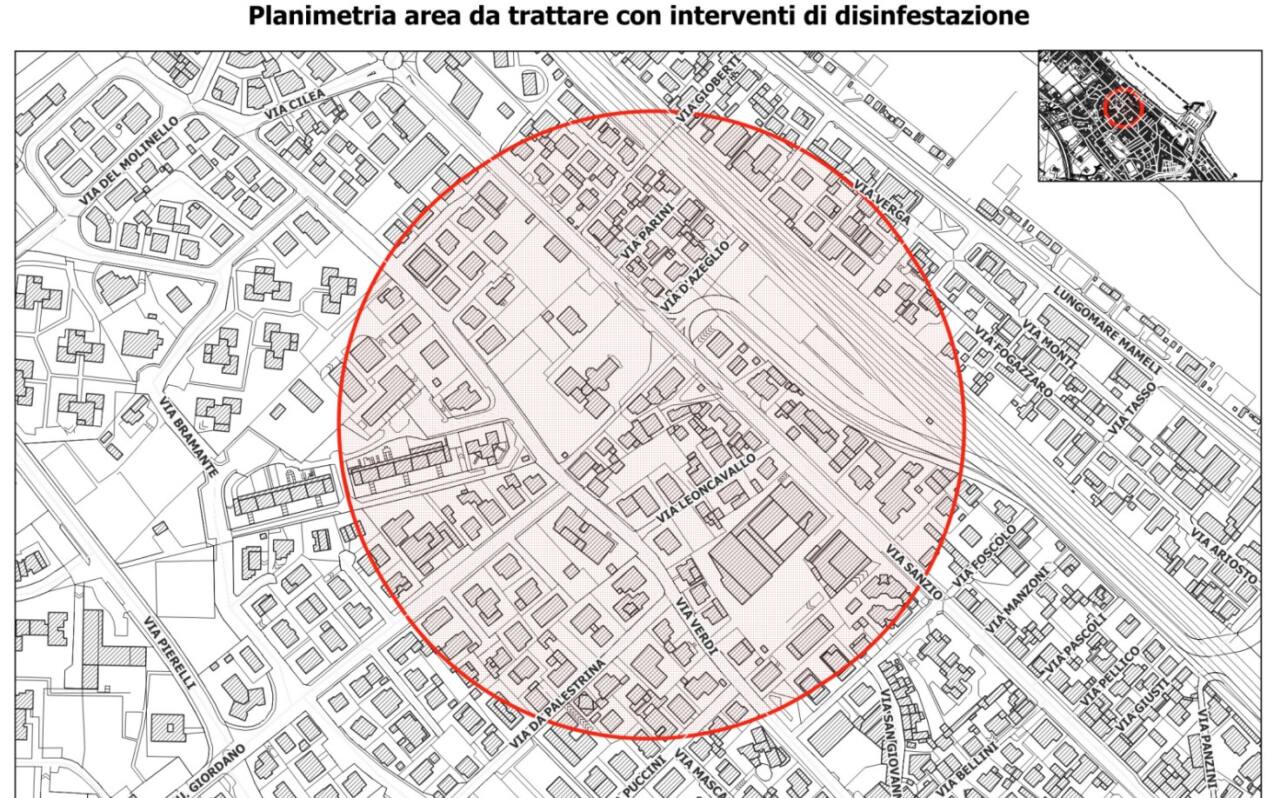 La mappa dell'area in cui avverrà la disinfestazione, a Senigallia, per il caso di febbre dengue