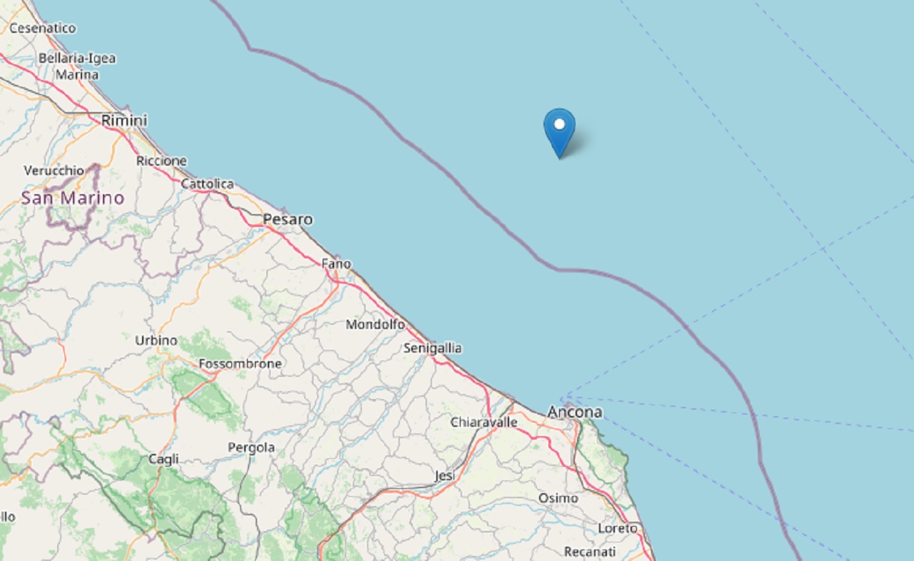 La mappa del terremoto del 13 settembre registrata dall’Istituto nazionale di geofisica e vulcanologia (Ingv) a largo della costa tra Mondolfo e Senigallia