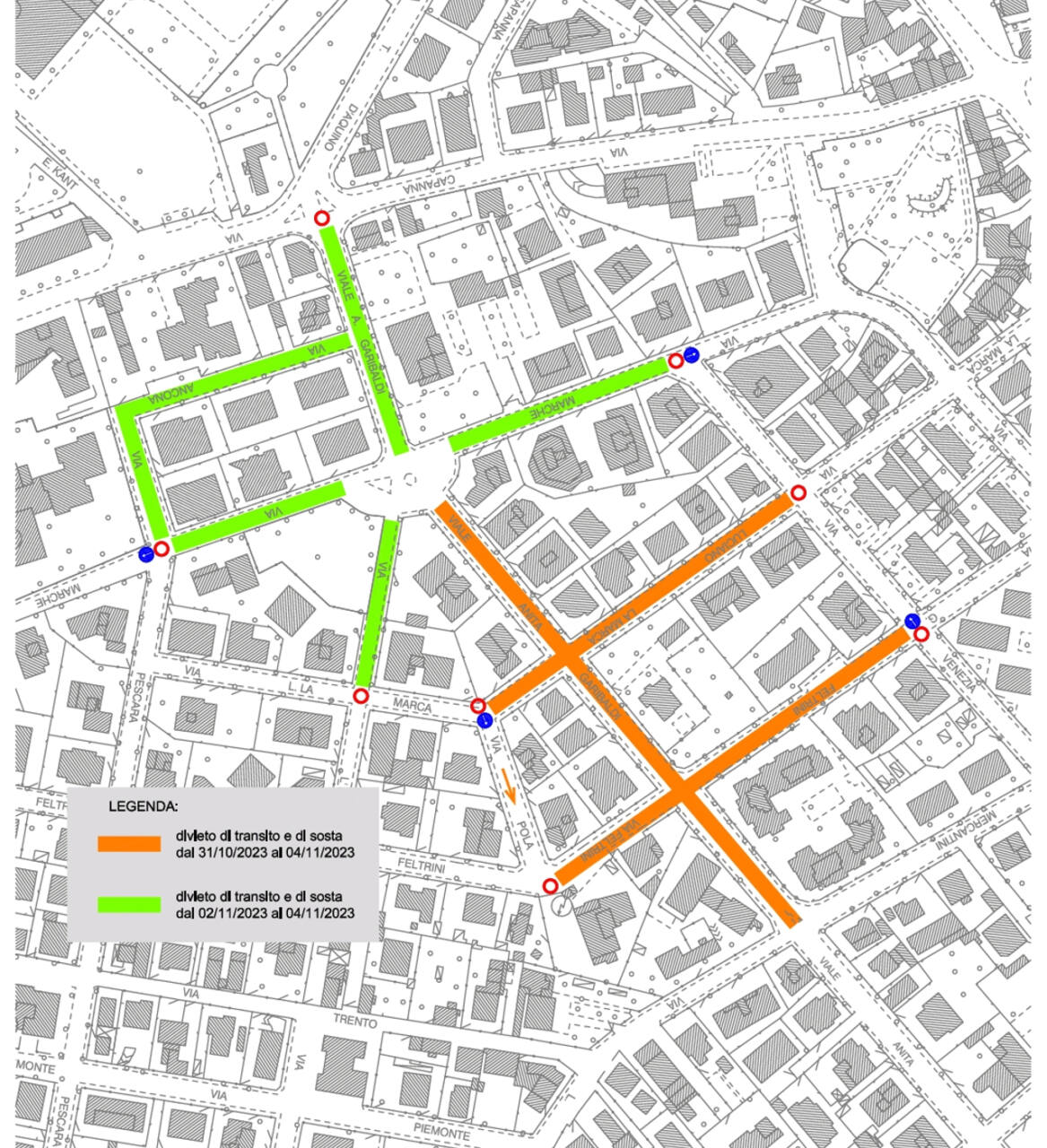 La mappa dei divieti in viale Anita Garibaldi per i lavori in corso