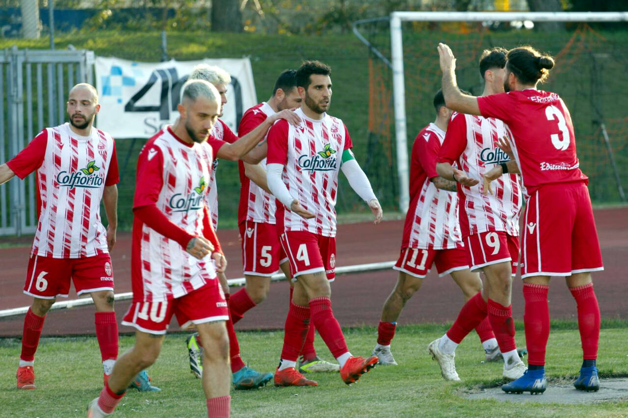 L'esultanza dei giocatori della Maceratese dopo il gol di Strano