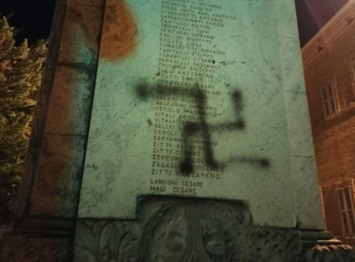 La svastica apparsa sul Monumento ai Caduti di Filottrano