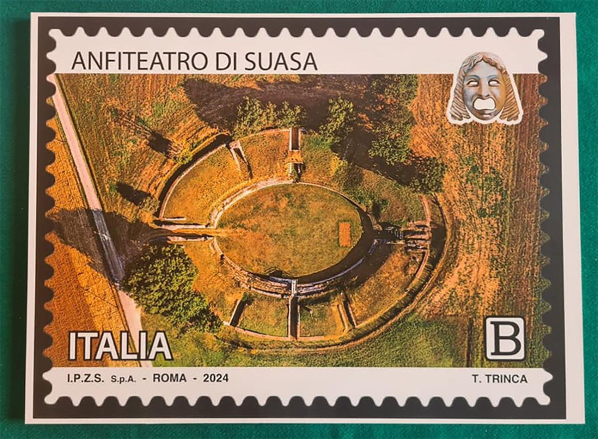 Il francobollo speciale dedicato all'anfiteatro della città romana di Suasa
