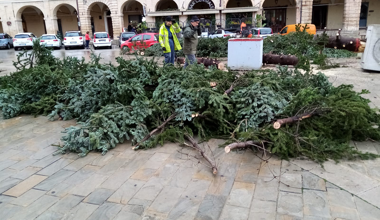 San Severino Marche, danni del vento: ne fa le spese anche l'albero di Natale di piazza del Popolo
