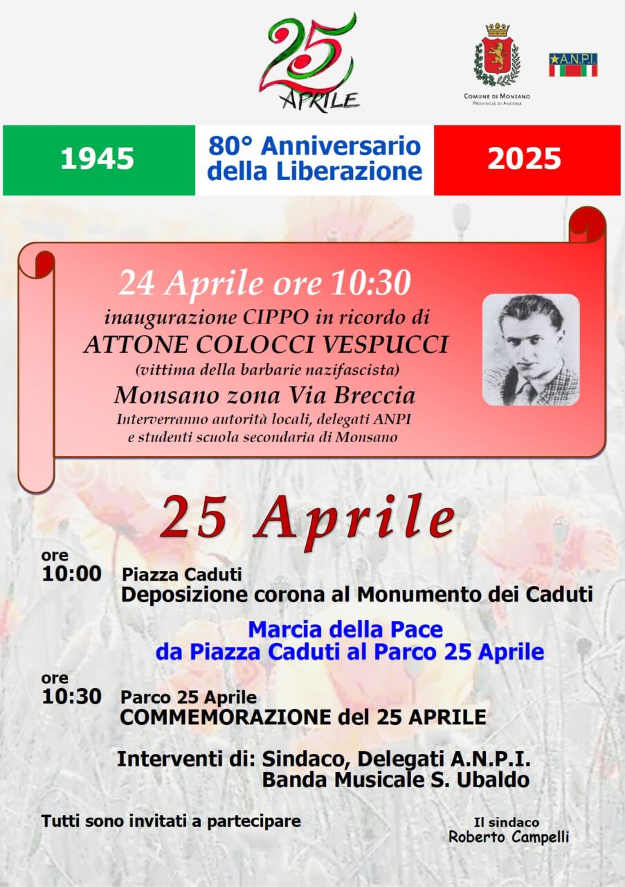 Monsano, 80° Liberazione: un cippo per ricordare Attone Colocci Vespucci, vittima dei nazifascisti